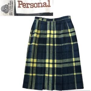 Vintage Personal Yellow and black plaid pleated wool skirt size medium